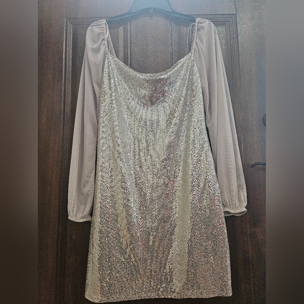 NWOT BEBE Silver Sequin Dress with Sheer Sleeves
